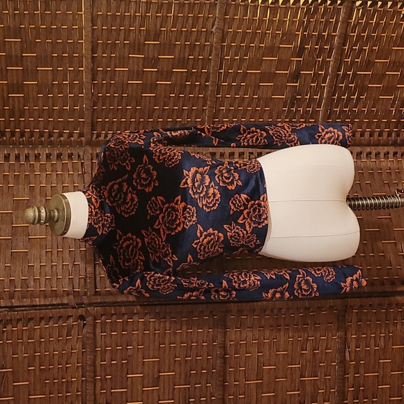 Navy Blue with Orange Roses, Synth-Velvet Long Sleeve Crop - Picture 1 of 4